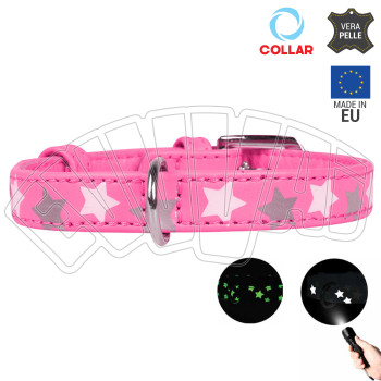 21-29 CM X 12 MM - COLLARE FOSFORESCENTE STELLE ROSA IN PELLE PER CANE COLLARINO CANI FIBBIA