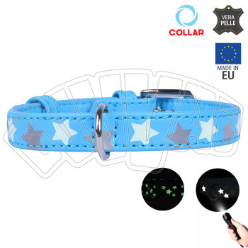 30-39 CM X 20 MM - COLLARE FOSFORESCENTE STELLE BLU IN PELLE PER CANE COLLARINO CANI FIBBIA