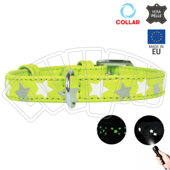 30-39 CM X 20 MM - COLLARE FOSFORESCENTE STELLE VERDE IN PELLE PER CANE COLLARINO CANI FIBBIA