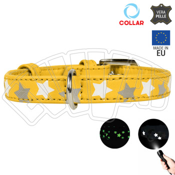 46-60 CM X 35 MM - COLLARE FOSFORESCENTE STELLE GIALLO IN PELLE PER CANE COLLARINO CANI FIBBIA